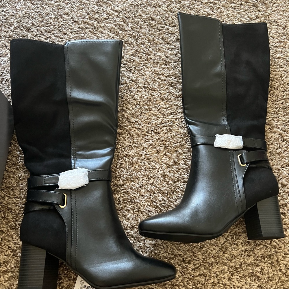 Black Heeled Boots with Chunky Block Heel and Silver Hardware